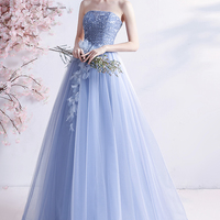 Blue tulle lace long A line prom dress evening dress - Thumbnail 2