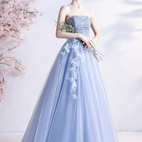 Blue tulle lace long A line prom dress evening dress - Thumbnail 3