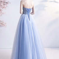 Blue tulle lace long A line prom dress evening dress - Thumbnail 5