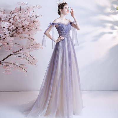 Purple tulle long a line prom dress evening dress - Thumbnail 3