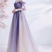 Purple tulle long A line prom dress evening dress - Thumbnail 3