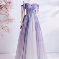 Purple tulle long A line prom dress evening dress - Thumbnail 4