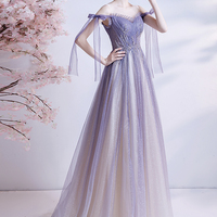 Purple tulle long A line prom dress evening dress - Thumbnail 7