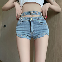 New hand-stitched, heavy-duty beaded high-waist denim shorts - Thumbnail 5