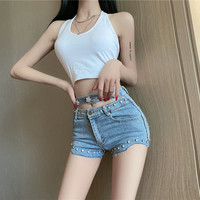 New hand-stitched, heavy-duty beaded high-waist denim shorts - Thumbnail 7