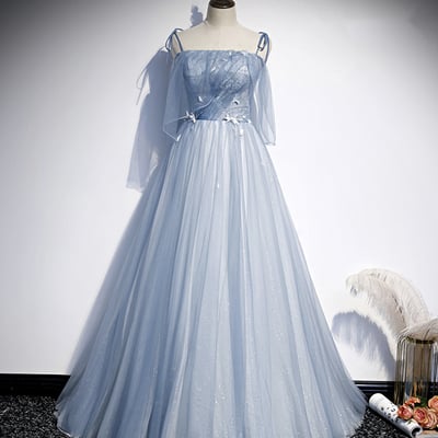 Blue tulle long a line prom dress evening dress - Thumbnail 3