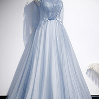 Blue tulle long A line prom dress evening dress - Thumbnail 1
