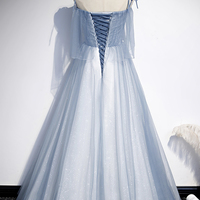 Blue tulle long A line prom dress evening dress - Thumbnail 2