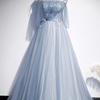 Blue tulle long A line prom dress evening dress - Thumbnail 4