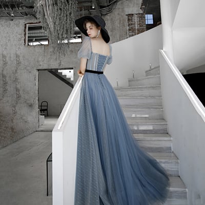 Blue tulle long a line prom dress evening dress - Thumbnail 5