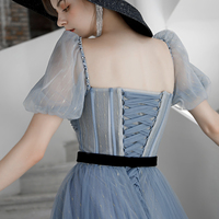 Blue tulle long A line prom dress evening dress - Thumbnail 1