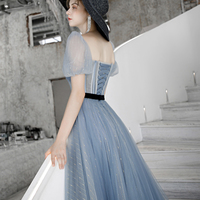Blue tulle long A line prom dress evening dress - Thumbnail 2