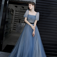 Blue tulle long A line prom dress evening dress - Thumbnail 3