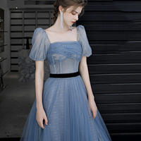 Blue tulle long A line prom dress evening dress - Thumbnail 4
