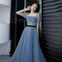 Blue tulle long A line prom dress evening dress - Thumbnail 5