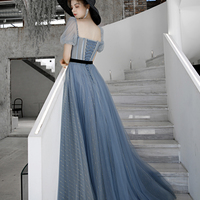 Blue tulle long A line prom dress evening dress - Thumbnail 6