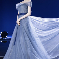 Blue tulle sequins long A line prom dress evening dress - Thumbnail 1