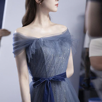 Blue tulle sequins long A line prom dress evening dress - Thumbnail 3