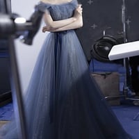 Blue tulle sequins long A line prom dress evening dress - Thumbnail 4