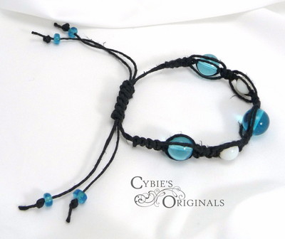Aqua & white black hemp bracelet