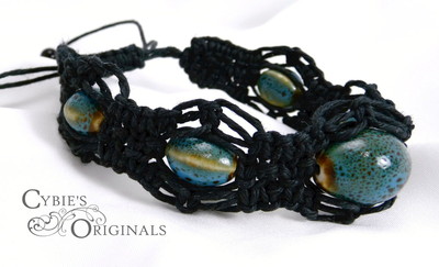 Fancy black hemp and ceramic bead bracelet