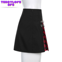 Cute Sexy Plaid Patchwork Safety Pins Black A-Line Mini High Waisted Skirt Goth Punk Club E-Girl Kawaii Korean Japanese Harajuku Streetwear - Thumbnail 4