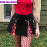 Cute Sexy Plaid Patchwork Safety Pins Black A-Line Mini High Waisted Skirt Goth Punk Club E-Girl Kawaii Korean Japanese Harajuku Streetwear - Thumbnail 8