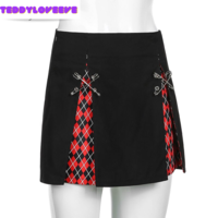 Cute Sexy Plaid Patchwork Safety Pins Black A-Line Mini High Waisted Skirt Goth Punk Club E-Girl Kawaii Korean Japanese Harajuku Streetwear - Thumbnail 3
