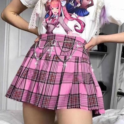 Cute pink plaid checkered pleated high waisted mini skirt a-line chic goth punk club e-girl kawaii korean japanese harajuku streetwear