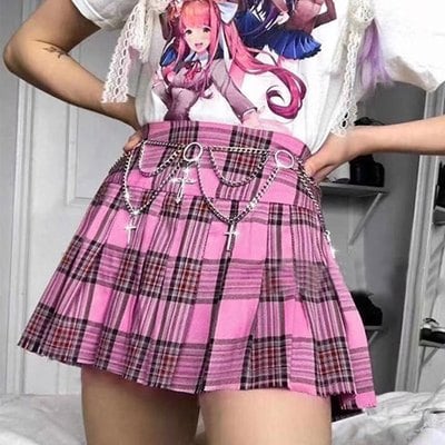 Cute Pink Plaid Checkered Pleated High Waisted Mini Skirt A-line Chic Goth Punk Club E-Girl Kawaii Korean Japanese Harajuku Streetwear