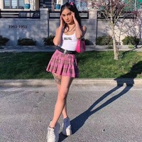 Cute Pink Plaid Checkered Pleated High Waisted Mini Skirt A-line Chic Goth Punk Club E-Girl Kawaii Korean Japanese Harajuku Streetwear - Thumbnail 3