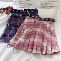 Cute Vintage Plaid Belt Chain High Waisted Mini Skirt School Uniform Tennis A-line Goth Punk Club E-Girl Kawaii Korean Japanese Harajuku Streetwear - Thumbnail 2