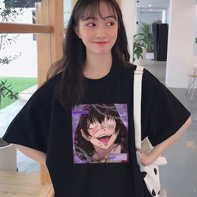 Cute yandere anime girl cartoon print short sleeve tee shirt t-shirt top punk goth summer casual e-girl kawaii korean japanese harajuku streetwear - Thumbnail 4