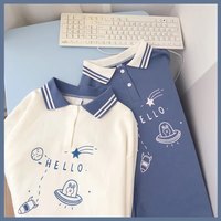 Cute Bunny Rabbit Spaceship Cartoon Print Button Down Long Sleeve Shirt T-shirt Top Summer Casual E-Girl Kawaii Korean Japanese Harajuku Streetwear - Thumbnail 4