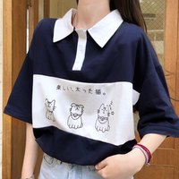 Cute Cat Dog Animal Print College Loose Baggy Short Sleeve Shirt T-shirt Top Summer Casual E-Girl Kawaii Korean Japanese Harajuku Streetwear - Thumbnail 2