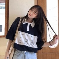 Cute Cat Dog Animal Print College Loose Baggy Short Sleeve Shirt T-shirt Top Summer Casual E-Girl Kawaii Korean Japanese Harajuku Streetwear - Thumbnail 5
