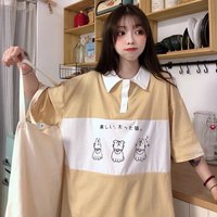 Cute Cat Dog Animal Print College Loose Baggy Short Sleeve Shirt T-shirt Top Summer Casual E-Girl Kawaii Korean Japanese Harajuku Streetwear - Thumbnail 1