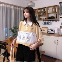 Cute Cat Dog Animal Print College Loose Baggy Short Sleeve Shirt T-shirt Top Summer Casual E-Girl Kawaii Korean Japanese Harajuku Streetwear - Thumbnail 8