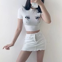 Cute Anime Girl Crying Eye Embroidery White Ribbed Crop Top Short Sleeve Shirt T-shirt Summer Casual E-Girl Kawaii Korean Japanese Harajuku Streetwear - Thumbnail 2