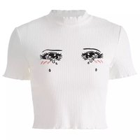Cute Anime Girl Crying Eye Embroidery White Ribbed Crop Top Short Sleeve Shirt T-shirt Summer Casual E-Girl Kawaii Korean Japanese Harajuku Streetwear - Thumbnail 3