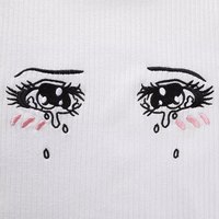 Cute Anime Girl Crying Eye Embroidery White Ribbed Crop Top Short Sleeve Shirt T-shirt Summer Casual E-Girl Kawaii Korean Japanese Harajuku Streetwear - Thumbnail 4