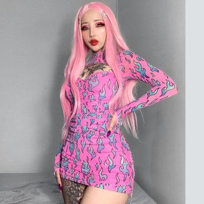 Sexy pink fire flame print hollow cut out long sleeve mini dress ruched bodycon club party summer e-girl kawaii korean japanese harajuku streetwear - Thumbnail 4