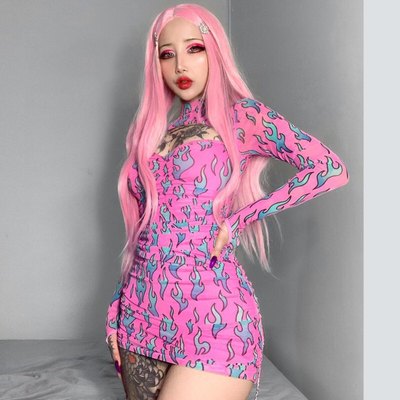 Sexy Pink Fire Flame Print Hollow Cut Out Long Sleeve Mini Dress Ruched Bodycon Club Party Summer E-Girl Kawaii Korean Japanese Harajuku Streetwear