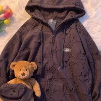 Cute Teddy Brown Bear Oversized Hoodie Zip Up Sweatshirt Sweater Long Sleeve Jumper Pullover  E-Girl Kawaii Korean Japanese Harajuku Streetwear - Thumbnail 5