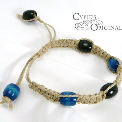 Blue & black wood & hemp bracelet - Thumbnail 5