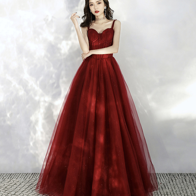 Burgundy tulle long a line prom dress evening dress - Thumbnail 4