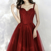 Burgundy tulle long A line prom dress evening dress - Thumbnail 1
