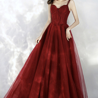 Burgundy tulle long A line prom dress evening dress - Thumbnail 2