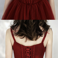 Burgundy tulle long A line prom dress evening dress - Thumbnail 3