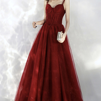 Burgundy tulle long A line prom dress evening dress - Thumbnail 4